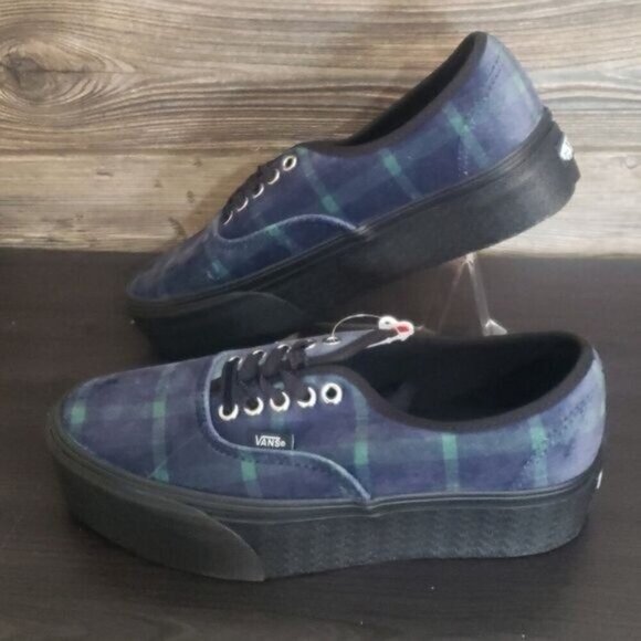 New Vans Authentic Stacked Womens Platform Sneakers Size 8 Blue Velvet Plaid - Picture 2 of 9
